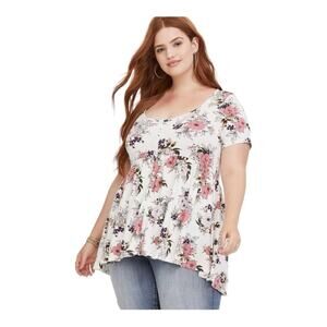 Torrid size 1 1X short sleeve babydoll shirt new button floral white red flowy